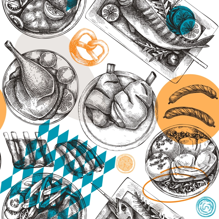 Oktoberfest background. German cuisine menu design. Pretzel, roast pork, ham hocks, sausages, ribs, grilled fish on table. Grilled meat dishes seamless pattern. Restaurant backdrop in collage style